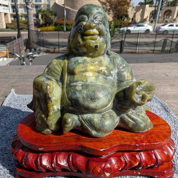 Big Buddha Other - Antique Old Estate 5”x6" Soapstone Seated Laughing Buddha with Wooden Base